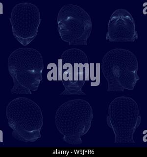 Set with wireframes of polygonal human heads. The blue contours of the female head in different positions. 3D. Vector illustration. Stock Vector