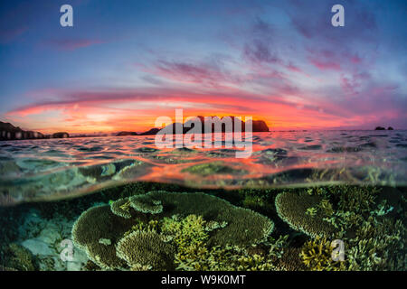 Half above and half below view of the Komodo Diving Resort at sunset, Sebayur Island, Flores Sea, Indonesia, Southeast Asia, Asia Stock Photo