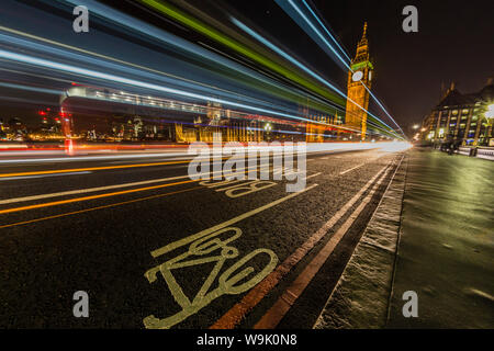 The Houses of Parliament and Big Ben from the Westminster Bridge at night, London, England, United Kingdom, Europe Stock Photo