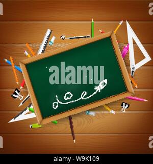 Calligraphy title text back to school over green wooden board with stationaty pen pencil eraser ruler on the white background vector illustration eps1 Stock Vector