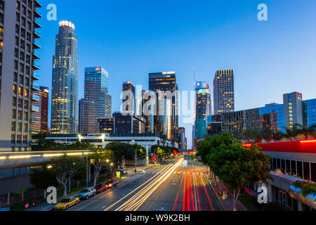 Downtown financial district of Los Angeles city at night, Los Angeles, California, United States of America, North America