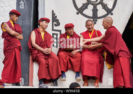 Monks greeting each other at Hemis Monastery Festive 2019, Ladakh. Stock Photo