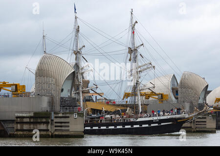 Charlton, London, United Kingdom. 14th Aug, 2019. French tall ship Belem pictured on her way out of London, approaching and passing through the Thames Barrier. The three-masted barque was built in 1896 and hasn't visited London since the time of the summer of 2012. Credit: Rob Powell/Alamy Live News Stock Photo