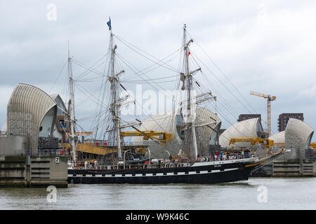 Charlton, London, United Kingdom. 14th Aug, 2019. French tall ship Belem pictured on her way out of London, approaching and passing through the Thames Barrier. The three-masted barque was built in 1896 and hasn't visited London since the time of the summer of 2012. Credit: Rob Powell/Alamy Live News Stock Photo