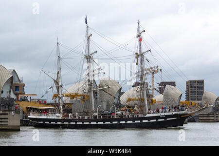 Charlton, London, United Kingdom. 14th Aug, 2019. French tall ship Belem pictured on her way out of London, approaching and passing through the Thames Barrier. The three-masted barque was built in 1896 and hasn't visited London since the time of the summer of 2012. Credit: Rob Powell/Alamy Live News Stock Photo