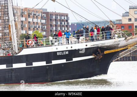 Charlton, London, United Kingdom. 14th Aug, 2019. French tall ship Belem pictured on her way out of London, approaching and passing through the Thames Barrier. The three-masted barque was built in 1896 and hasn't visited London since the time of the summer of 2012. Credit: Rob Powell/Alamy Live News Stock Photo