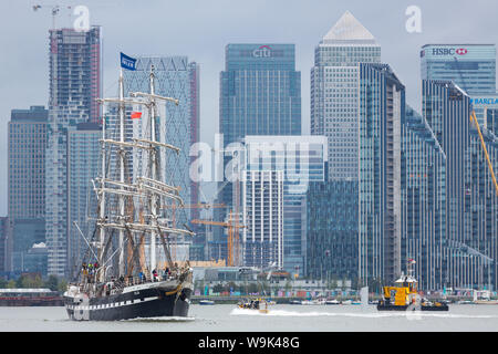 Charlton, London, United Kingdom. 14th Aug, 2019. French tall ship Belem pictured on her way out of London, approaching and passing through the Thames Barrier. The three-masted barque was built in 1896 and hasn't visited London since the time of the summer of 2012. Credit: Rob Powell/Alamy Live News Stock Photo