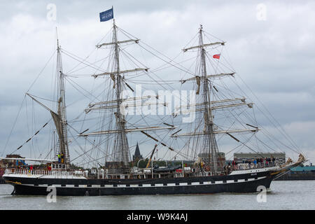 Charlton, London, United Kingdom. 14th Aug, 2019. French tall ship Belem pictured on her way out of London, approaching and passing through the Thames Barrier. The three-masted barque was built in 1896 and hasn't visited London since the time of the summer of 2012. Credit: Rob Powell/Alamy Live News Stock Photo