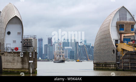 Charlton, London, United Kingdom. 14th Aug, 2019. French tall ship Belem pictured on her way out of London, approaching and passing through the Thames Barrier. The three-masted barque was built in 1896 and hasn't visited London since the time of the summer of 2012. Credit: Rob Powell/Alamy Live News Stock Photo