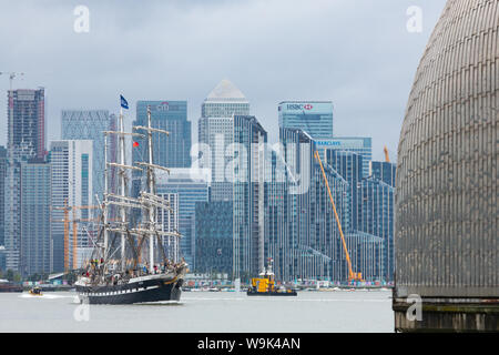 Charlton, London, United Kingdom. 14th Aug, 2019. French tall ship Belem pictured on her way out of London, approaching and passing through the Thames Barrier. The three-masted barque was built in 1896 and hasn't visited London since the time of the summer of 2012. Credit: Rob Powell/Alamy Live News Stock Photo