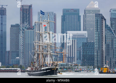 Charlton, London, United Kingdom. 14th Aug, 2019. French tall ship Belem pictured on her way out of London, approaching and passing through the Thames Barrier. The three-masted barque was built in 1896 and hasn't visited London since the time of the summer of 2012. Credit: Rob Powell/Alamy Live News Stock Photo