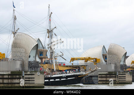 Charlton, London, United Kingdom. 14th Aug, 2019. French tall ship Belem pictured on her way out of London, approaching and passing through the Thames Barrier. The three-masted barque was built in 1896 and hasn't visited London since the time of the summer of 2012. Credit: Rob Powell/Alamy Live News Stock Photo