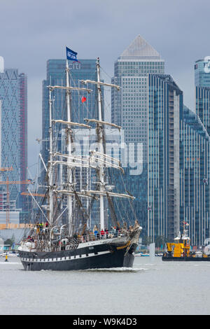 Charlton, London, United Kingdom. 14th Aug, 2019. French tall ship Belem pictured on her way out of London, approaching and passing through the Thames Barrier. The three-masted barque was built in 1896 and hasn't visited London since the time of the summer of 2012. Credit: Rob Powell/Alamy Live News Stock Photo