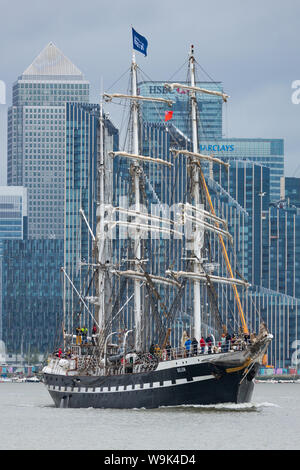 Charlton, London, United Kingdom. 14th Aug, 2019. French tall ship Belem pictured on her way out of London, approaching and passing through the Thames Barrier. The three-masted barque was built in 1896 and hasn't visited London since the time of the summer of 2012. Credit: Rob Powell/Alamy Live News Stock Photo