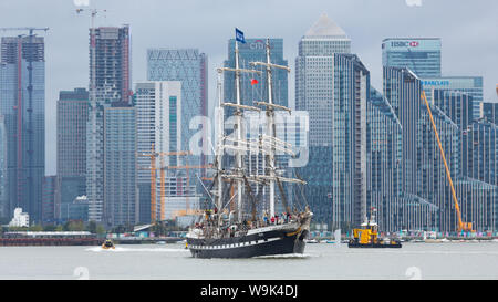 Charlton, London, United Kingdom. 14th Aug, 2019. French tall ship Belem pictured on her way out of London, approaching and passing through the Thames Barrier. The three-masted barque was built in 1896 and hasn't visited London since the time of the summer of 2012. Credit: Rob Powell/Alamy Live News Stock Photo