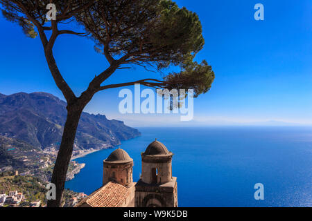 Iconic Amalfi Coast, church and umbrella pine from Villa Rufolo Gardens, Ravello, UNESCO World Heritage Site, Campania, Italy, Europe Stock Photo