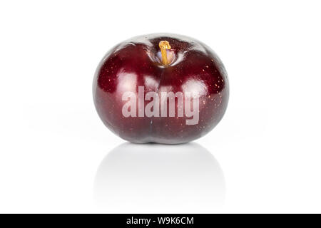 One whole ripe red round plum isolated on white background Stock Photo