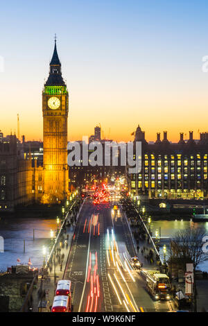 High angle view of Big Ben, the Palace of Westminster and Westminster Bridge at dusk, London, England, United Kingdom, Europe Stock Photo