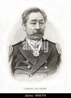 [ 1890s Japan - Japanese Admiral Yuko Ito ] —   Yuko Ito (伊東祐亨, 1843–1914) was an admiral in the Imperial Japanese Navy. He served during the First Sino-Japanese War (1894–1895) and the Russo-Japanese War (1904–1905).  Published in the French illustrated weekly L’Illustration on February 16, 1895 (Meiji 28).  19th century vintage newspaper illustration. Stock Photo