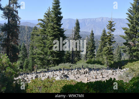 Considered by some a form of graffiti, rock stacking is a way of leaving a mark on nature. This is in Sequoia National Park, California USA. Stock Photo