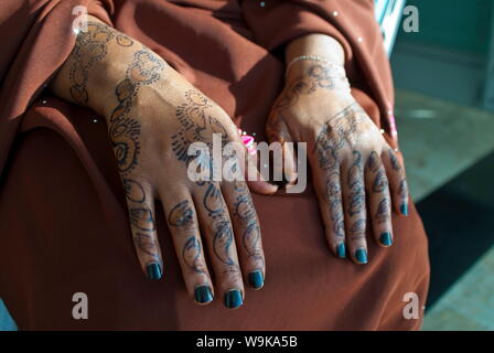Somali woman's hands covered in henna tattoos, Addis Ababa, Ethiopia, Africa Stock Photo