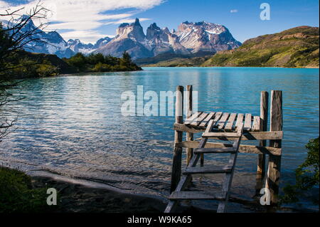 Little pier on Lake Pehoe in the Torres del Paine National Park, Patagonia, Chile, South America Stock Photo