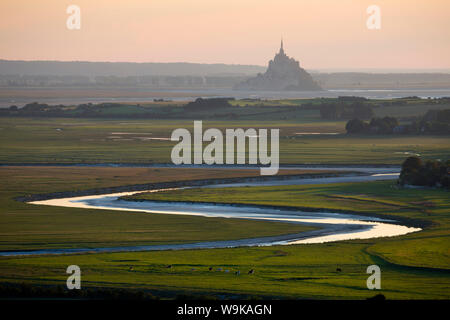 View over meandering river to Bay of Mont Saint-Michel, UNESCO World Heritage Site, from Jardin des Plantes viewpoint, Avranches, Normandy, France Stock Photo