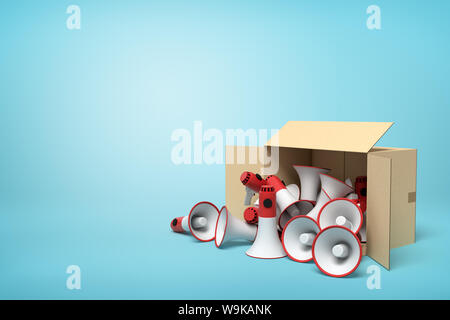 3d rendering of cardboard box lying sidelong full of red and white megaphones on light-blue background with much copy space. Stock Photo