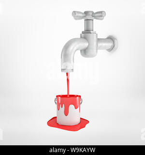 3d rendering of silver metal tap with red paint pouring into metal bucket on white background Stock Photo