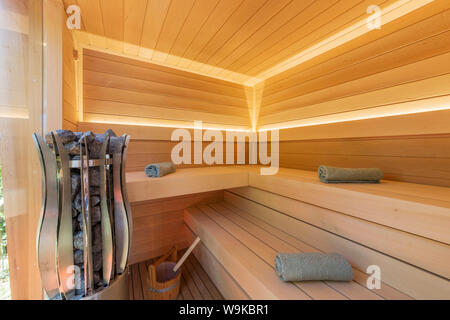 sauna room interior and sauna accessories Stock Photo