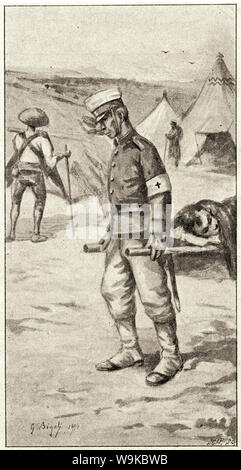 [ 1890s Japan - Japanese Red Cross Medic ] —   A Red Cross medic carries a wounded soldier of the Japanese Imperial Army in Korea during the First Sino-Japanese War (1894–1895).  Published in the French illustrated weekly Le Monde Illustré in 1894 (Meiji 27). Art by French artist Georges Ferdinand Bigot (1860-1927), famous for his satirical cartoons of life in Meiji period Japan.  19th century vintage newspaper illustration. Stock Photo
