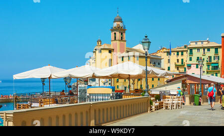 Camogli, Genoa, Italy - July 3, 2019:  Waterfront in Camogli town near Genoa city, Liguria Stock Photo