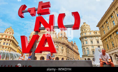 Genoa , Italy - July 7, 2019: Sngle shot of Genova More Than This sign in De Ferrari square in Genoa Stock Photo