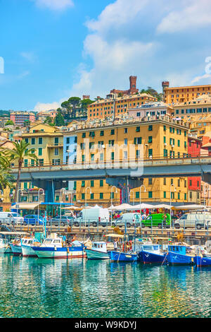 Genoa, Italy - July 7, 2019: View of Genoa city from the Old Port Stock Photo