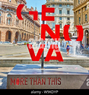 Genoa , Italy - July 7, 2019: Genova More Than This sign in De Ferrari square in Genoa Stock Photo