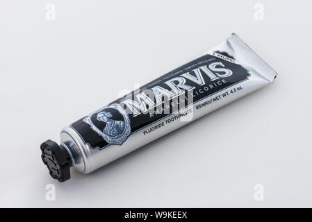 Aluminium tube of Marvis Amarelli Licorice toothpaste on white background Stock Photo