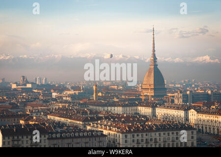 Panoramic view of the Mole Antonelliana Tower in Turin Italy from Monte dei Cappuccini. Torino Italia. View of the river fiume po' and the entire city. Stock Photo