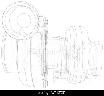 Automobile turbocharger outline vector illustrations. Vector rendering of 3d Stock Vector