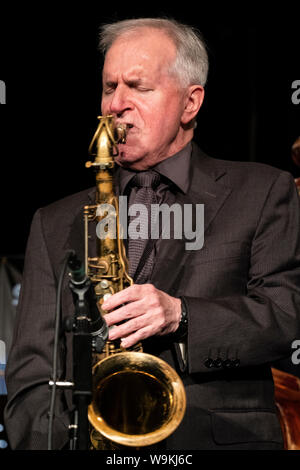 Scott Hamilton playing tenor sax with his quartet, Brecon Jazz festival 2019 Stock Photo