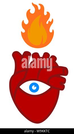 Vector illustration. Line art burning heart icon. Love, sight and flame. Stock Vector