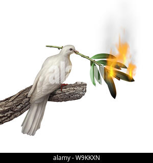 Peace concept with a dove carrying a burning olive tree branch as a crisis in faith or environmental problem idea with 3D illustration elements. Stock Photo