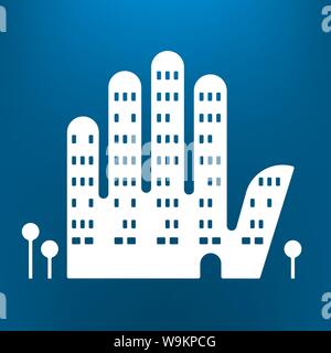 Vector illustration. Hand icon in white as a building. Community symbol. Stock Vector