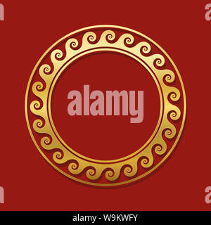 Round golden frame with spirals or waves, seamless greek circular pattern. Decorative antique border, repeated geometric motif. Red background. Stock Photo