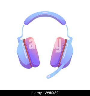 Computer gaming headset with microphone on isolated background, bright flat icon in lilac and red colors. white back vector Stock Vector