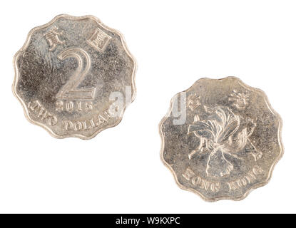 Obverse and reverse sides of  Hong Kong Two Dollar Coin isolated on a white background Stock Photo