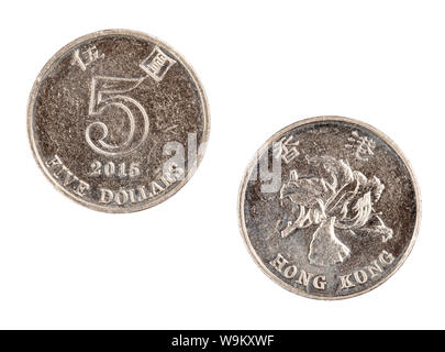 Obverse and reverse sides of  Hong Kong Five Dollar Coin isolated on a white background Stock Photo