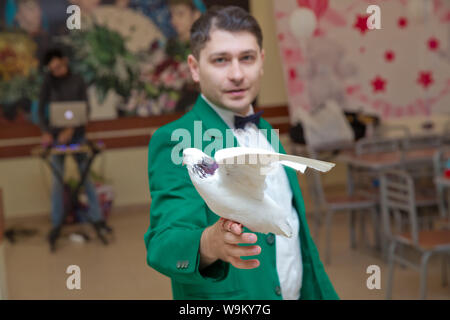 Magician with dove, Juggler man, Funny person, Black magic, Illusion . Young handsome brunette magician man in stage costume with his trained white do Stock Photo