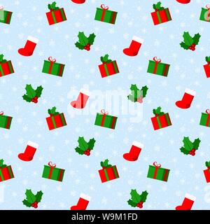 Merry Christmas cute vector seamless pattern with snow and snowflakes, red socks, gift box, mistletoe branch Stock Vector