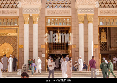 MADINAH, SAUDI ARABIA - AUGUST 2019 : Muslim pilgrims visiting the beautiful Nabawi Mosque destination, the Prophet mosque which has great architectur Stock Photo