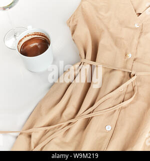 Cup of morning coffee before going to work. flat lay. top cropped view Stock Photo